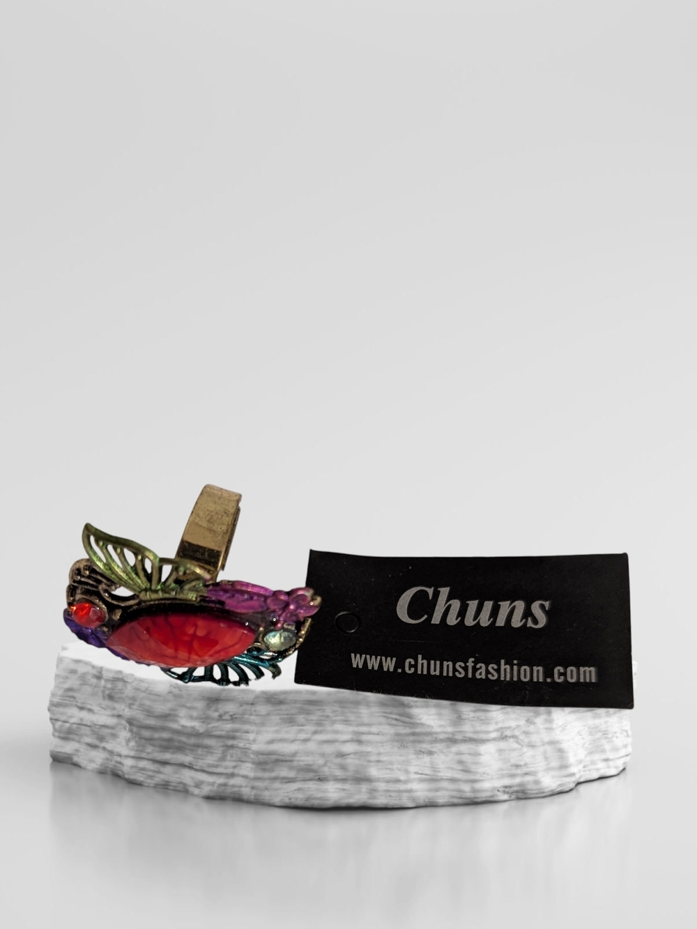 Chuns Decorative Red Stone & Multicolor Butterfly Wing Statement Ring OS Flowers